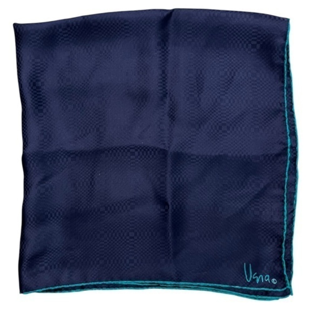 VERA vintage navy blue geometric jacquard silk scarf w/ turquoise edges